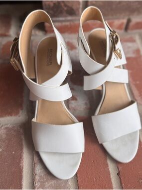 MICHAEL Michael Kors White Leather Strappy Ankle-Heel Sandals | Size 9.5